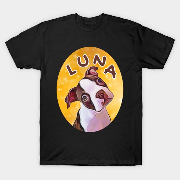 Luna Boston Terrier Face Tilted Cartoon Cameo T-Shirt by BubbleMench